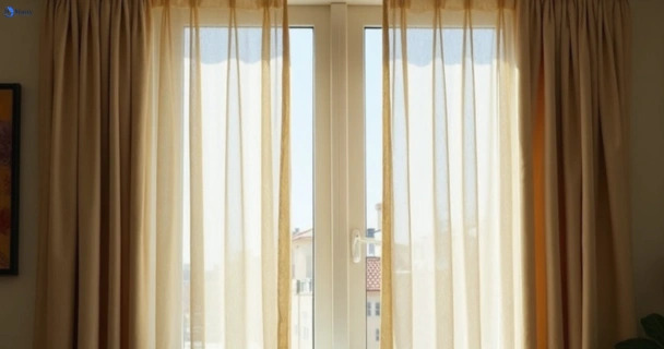 Dusty and dull curtains in twin-waters before steam cleaning